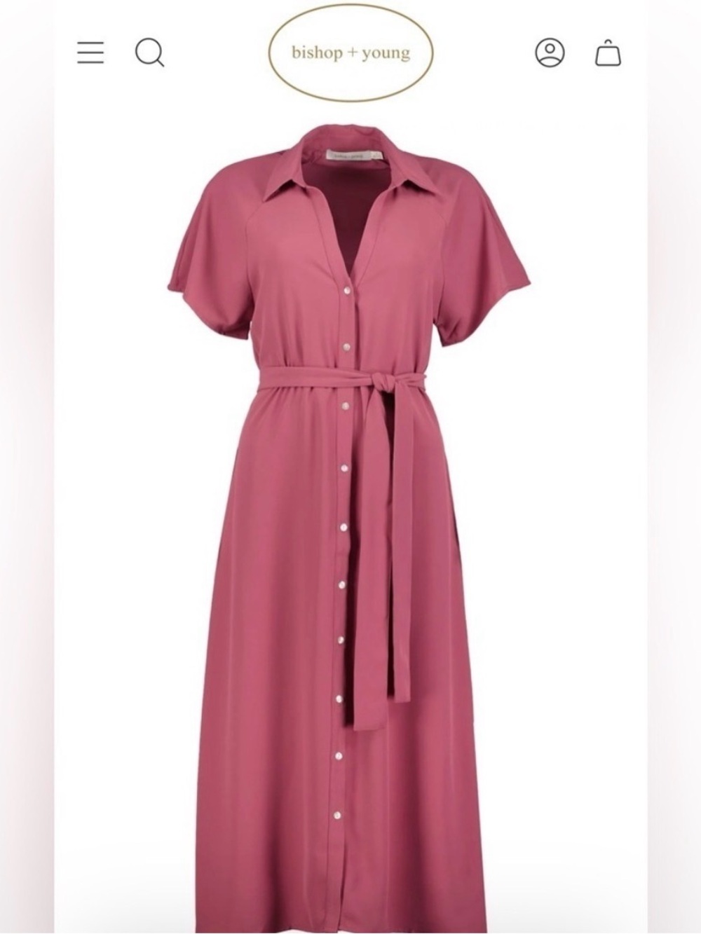 Bishop + Young pink shirt dress button front collared tie waist classic modest